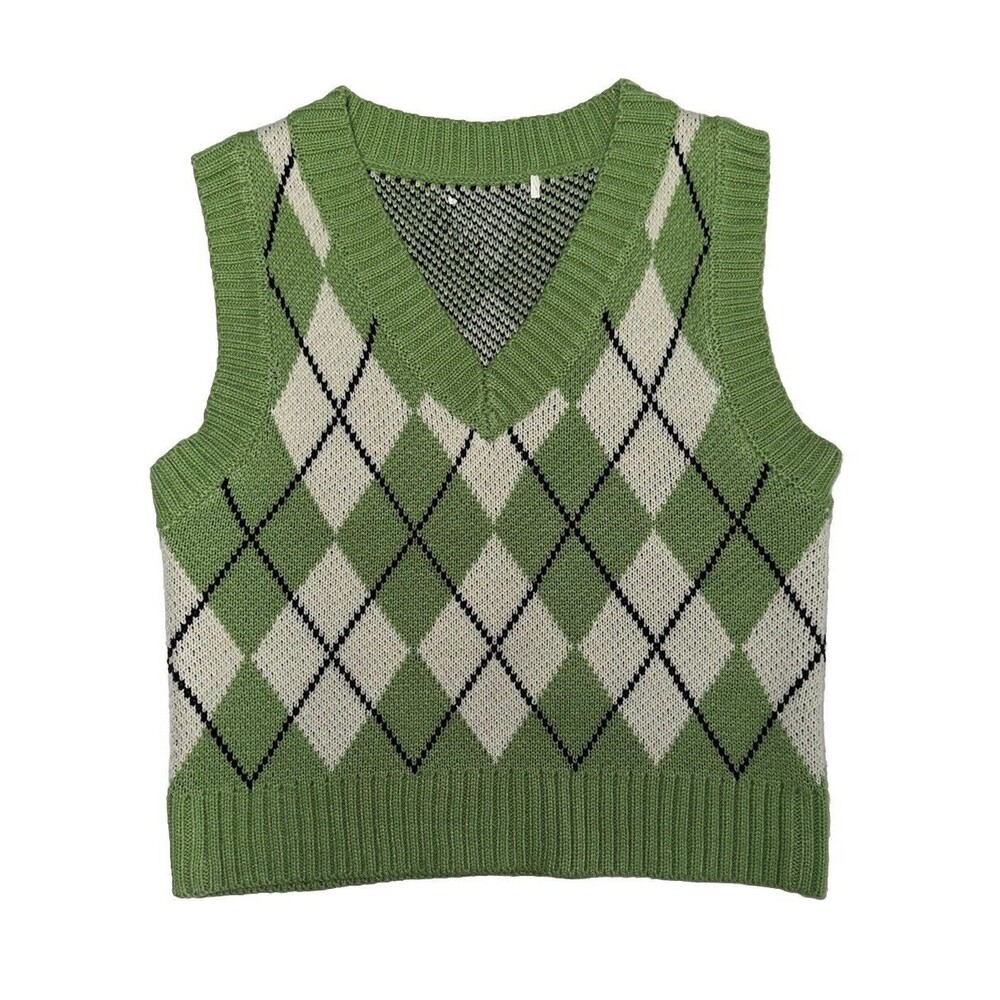 Women's Argyle Preppy Style Sweater Vest Sleeveless V Neck Knitwear Green Size M